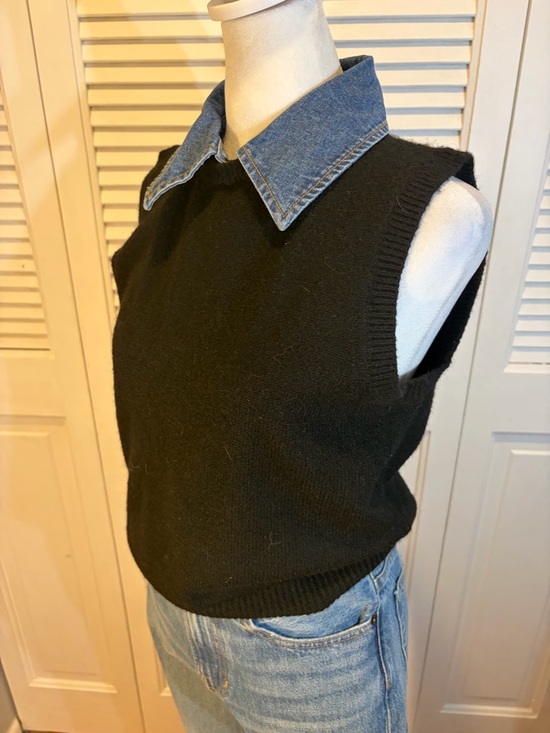 French Connection Tops - French Connection Black Knit Vest with Denim Collar